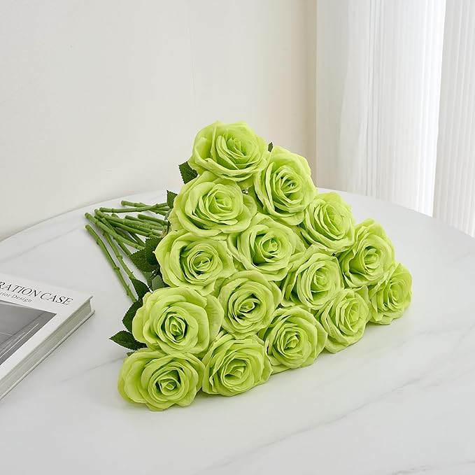 15pcs Green Fake Roses Artificial Silk Flowers Faux Rose Flower Long Stems Bouquet for Arrangement Wedding Centerpiece Party Home Kitchen Decor