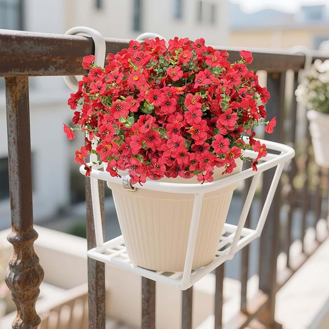 Artificial Flowers Outdoors UV Resistant Fake Plants, 12 Bundles Silk Daisy in Pots for Porch Patio Garden, Faux Potted Home Decor for Outside (Red)