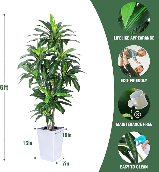 Artificial Dracaena Plant 6ft with White Tall Planter, Potted Artificial Dracaena Silk Plant, Fake Yucca Tree Plant, Home Office Floor Room Decor Plants Indoor Outdoor, Housewarming Gift