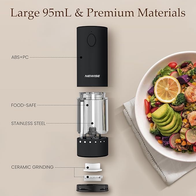 Electric Salt & Pepper Grinder Set, Rechargeable with LED Light & External Coarseness Adjustment, One-Hand Operation, Perfect Kitchen Gift for Home Cooks & Families - Black