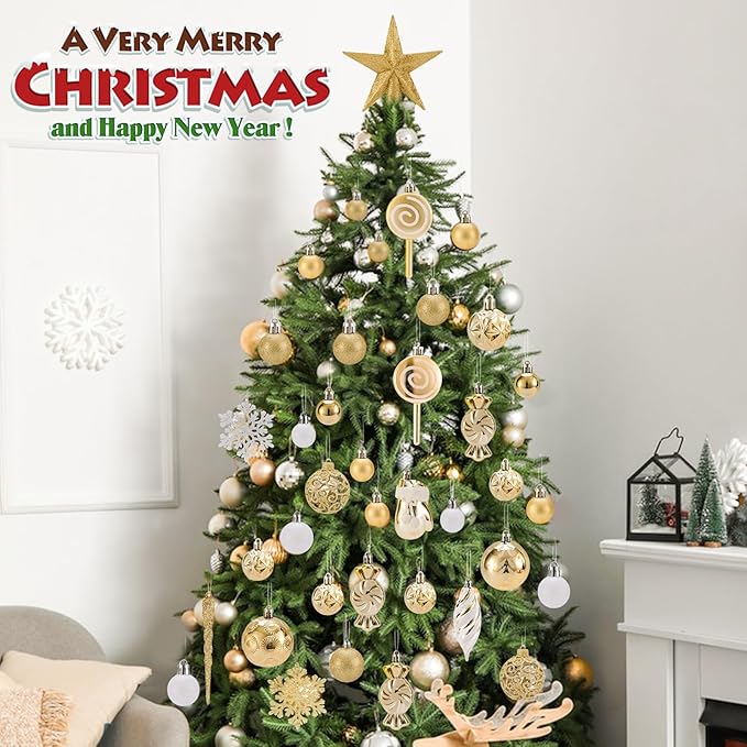 Shatterproof Christmas Ball Ornaments Set, 130 Pack Christmas Tree Decorations, Assorted Hanging Christmas Balls Bulk for Holiday Indoor Outdoor Xmas Party Decor (130 Golden)