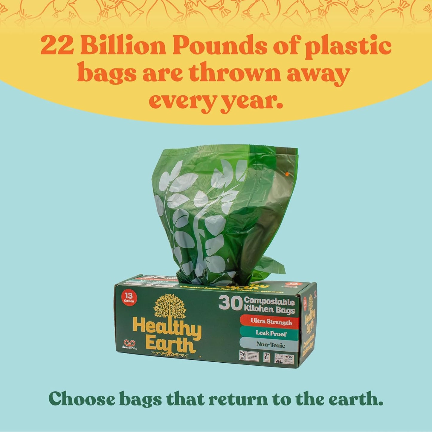 Healthy Earth 13 Gallon Compostable Trash Bags – Tall Kitchen Garbage Bags with Drawstring Handles, Extra Thick Plant-Based Liners, BPI & TÜV Certified ASTM D6400, Heavy Duty Leak-Proof (30 Count)