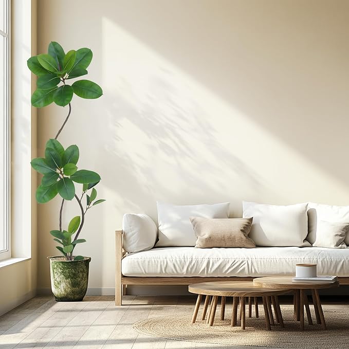 Artificial Rubber Tree Plant, 6ft Tall, Black with Round Planter, All Season Home Decor (Green,6ft)