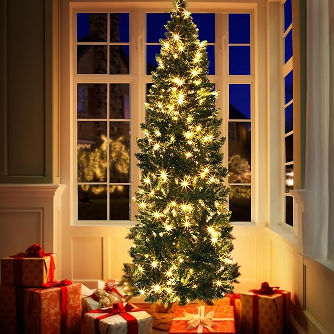 5 Ft Prelit Pencil Artificial Christmas Tree with Timer 180 LED Warm White & Colorful Change Lights 8 Modes Plug in 550 Branch Tips Metal Stand Slim Tree Xmas Decor Indoor Outdoor