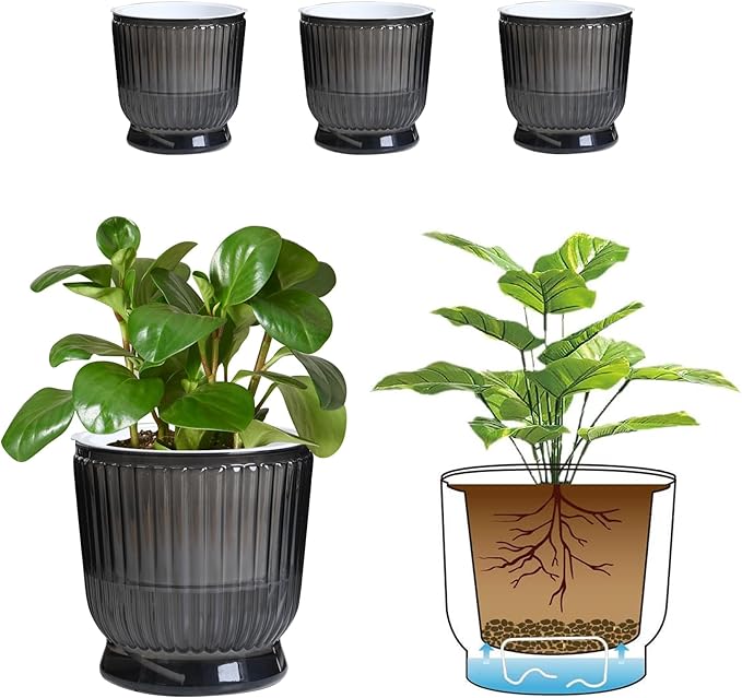 T4U 6 Inch Self Watering Pots for Indoor Plants, 4 Pack Self Watering Planter, Self Watering Pot with Reservoir, Small Self Watering Pots for Plants, African Violets (4 Pack, 6", Translucent Gray)