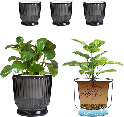 T4U 6 Inch Self Watering Pots for Indoor Plants, 4 Pack Self Watering Planter, Self Watering Pot with Reservoir, Small Self Watering Pots for Plants, African Violets (4 Pack, 6", Translucent Gray)