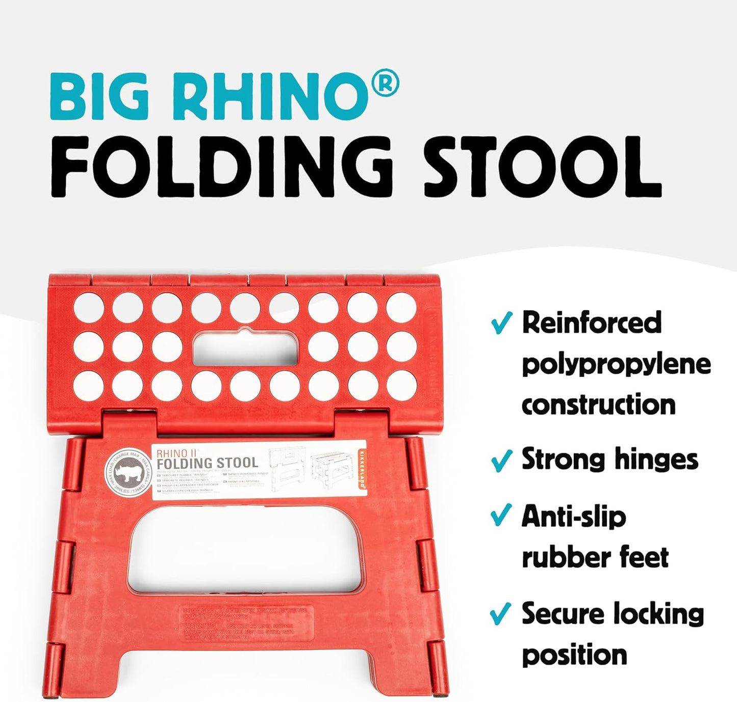 Kikkerland Rhino Foldable Step Stool – Holds Adults up to 300 Lbs, Best for Kitchen & Bathroom – Collapsible, Portable, Lightweight Stepping Stool with Sturdy, Non-Slip Design – Red, 8”