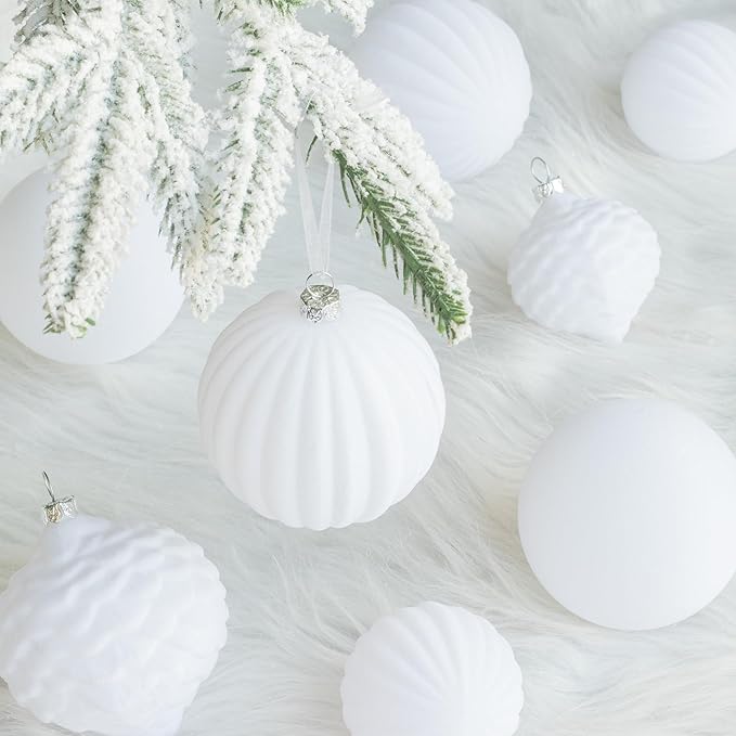 KI Store Velvet Christmas Balls White 25pcs Flocked Christmas Tree Ornaments Assortment for Xmas Tree Holiday Decor