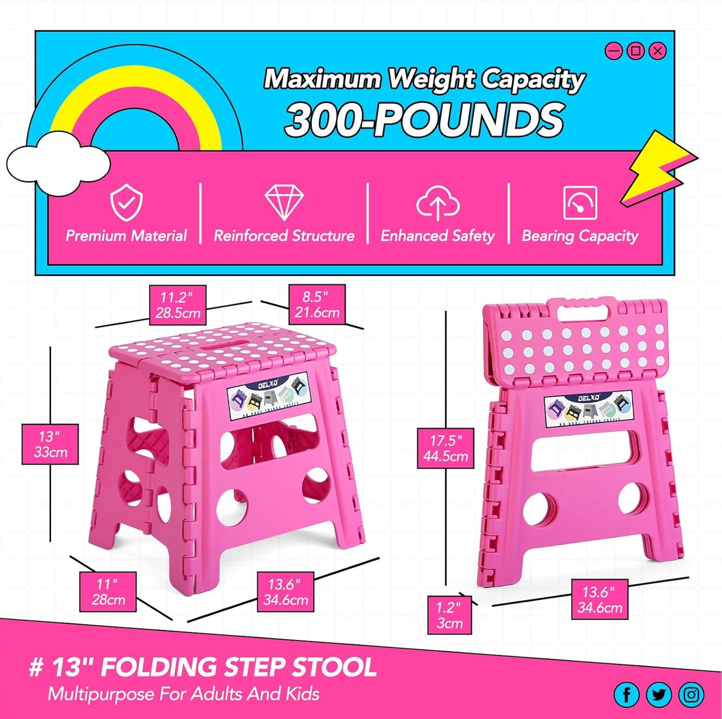 Delxo Folding Step Stool, 13 inch Non-Slip Foldable Stools for Kids & Adults Up to 300 LBS, Step Stool with Handle, Lightweight for Kitchen, Bathroom, Bedroom, Garden, Rose Pink, 1PC