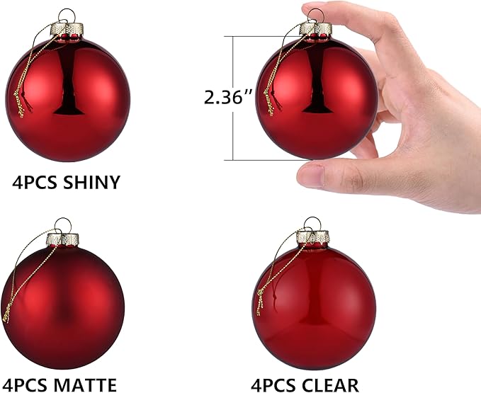 Red Glass Christmas Ball Ornaments, 2.36” Christmas Hanging Ornaments Set of 12 Xmas Baubles for Holiday Party Xmas Tree Decorations Gifts