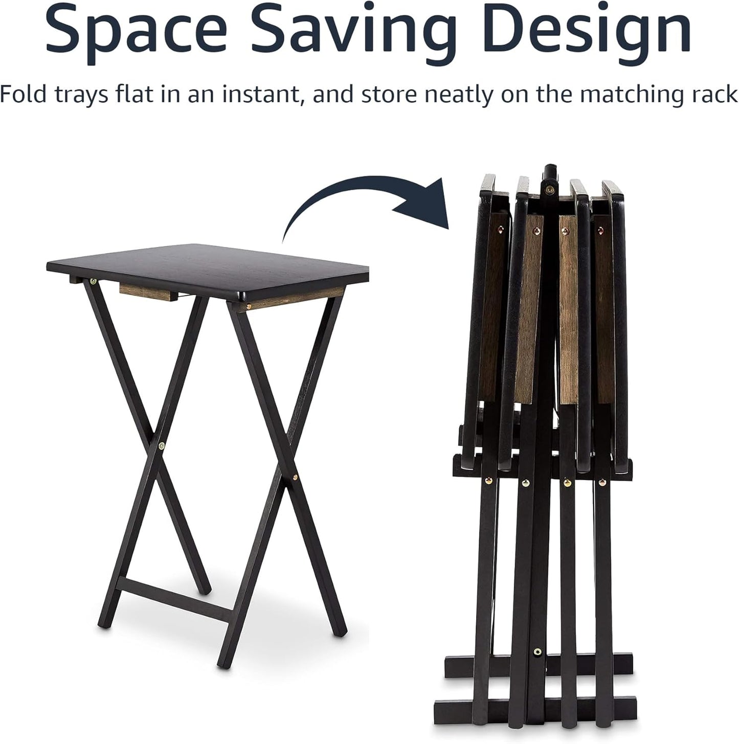 Amazon Basics Portable TV Dinner 4-Pack Rectangular Folding Tray Table with Storage Rack, Black, 15" x 19" x 26"