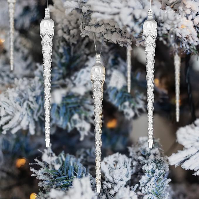 AMS Christmas Sparkling Glitter Icicle Ornaments 30 PCS Acrylic Icicles Ornament Set for Christmas Tree New Year Party Decorations Supplies(5.8''/14.8cm, Clear)
