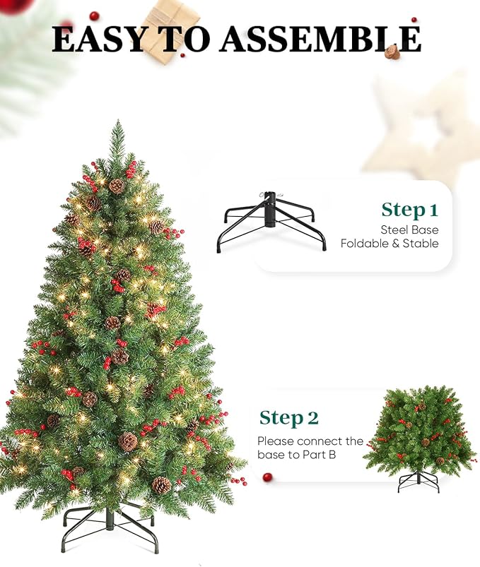4.5FT Prelit Christmas Tree, Small Christmas Tree Pre-Decorated with Pinecones and Berries (300 Clear Warm Lights and Realistic 516 Thicken Tips, Sturdy Metal Base)