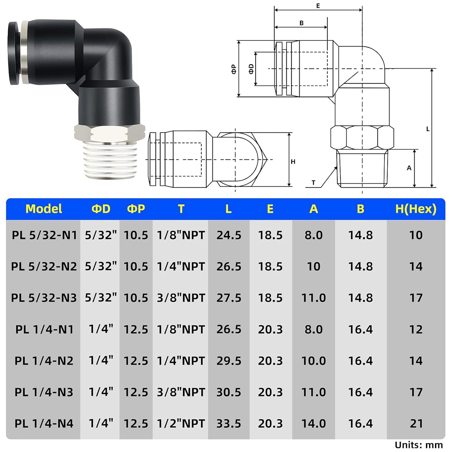 TAILONZ PNEUMATIC Elbow and Straight Combination 5/32 Inch Tube OD x 1/4 Inch NPT Thread Push to Connect Fittings PC-5/32-N2+PL-5/32-N2(Pack of 4)