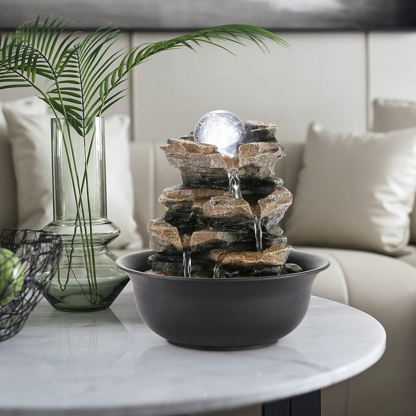 WICHEMI Indoor Fountains Tabletop Fountain Waterfall Fountain Indoor Water Feature Stacked Rocks Feng Shui Zen Meditation Relaxation Desktop Fountain with LED Light for Home and Office Decor(Style 5)