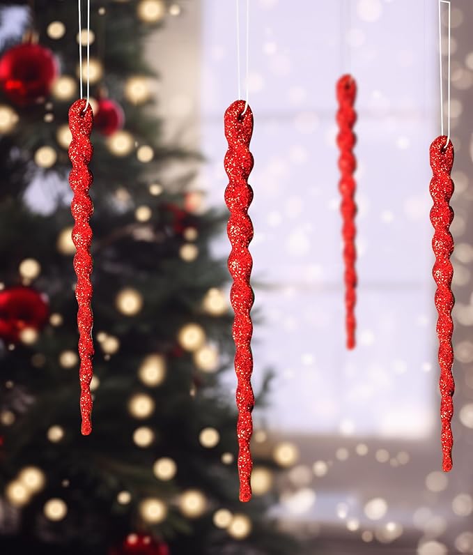 AMS Sparkling Glitter Plastic Icicle Ornaments 30 PCS Twisted Icicles Decoration Christmas Tree and Holiday Xmas Party Hanging (5.1'', Red)