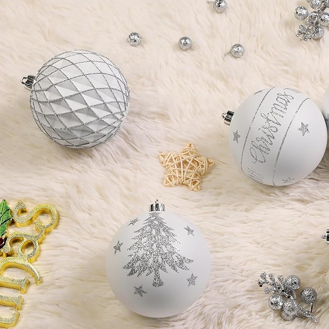 SHareconn 100MM/4 Inch 9PCS Large Christmas Balls Ornaments, Shatterproof Plastic Hanging Big Baubles Set for Xmas Tree Decoration Holiday Party Wedding Decorations with Hook, White and Silver