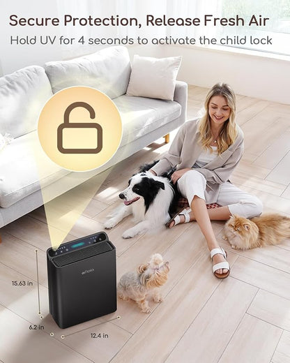 Afloia Air Purifier for Home Large Room Bedroom Up to 2000Ft² with PM2.5 Air Quality Monitor Smart Auto Mode, Washable Pre Filter Cleaner for Pet, Black