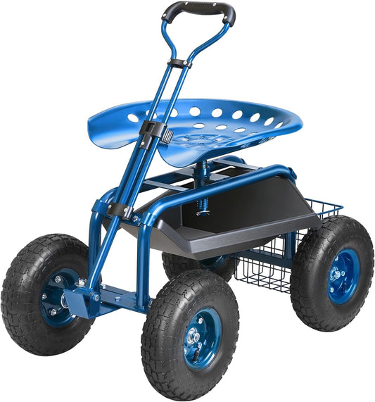 VEVOR Rolling Garden Work Seat with Wheels, Gardening Stool for Planting, 360 Degree Swivel Seat, Garden Scooter with Steering Handle & Tool Tray, Garden Chair for Outdoor, Patio and Yard, Blue