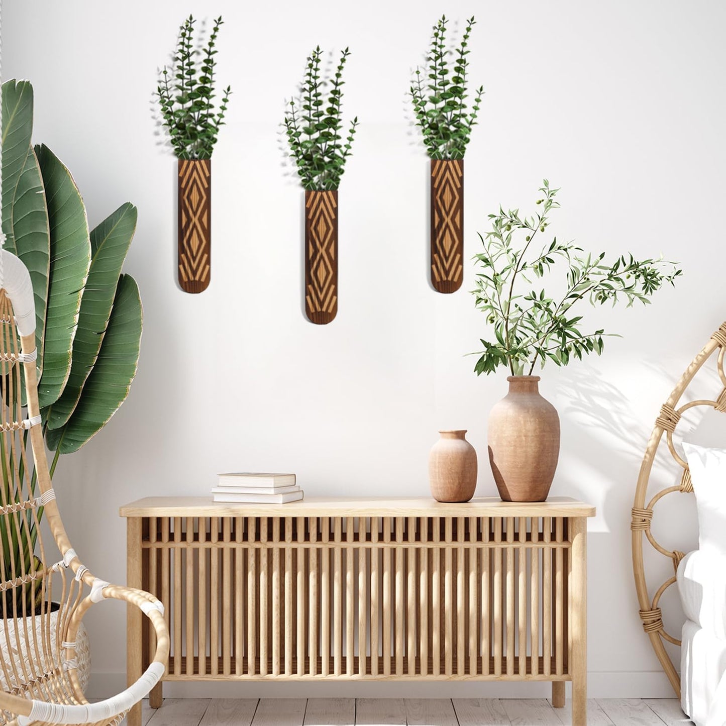 Wooden Wall Planter Set of 3 - Modern Bohemian Home Decor for Living Room, Bedroom, Bathroom - Versatile Walnut Finish Planter for Dried Flowers, Faux Greenery, and Indoor Plants