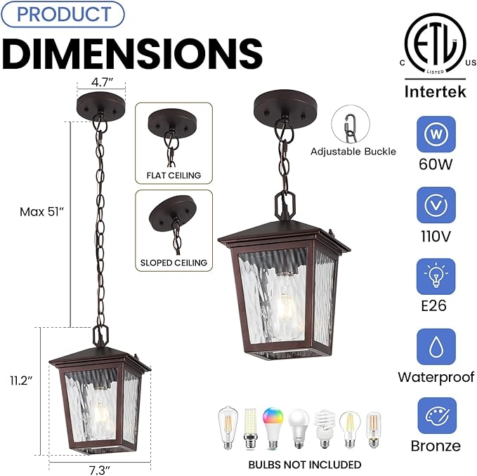 Outdoor Pendant Light, Brown Outdoor Porch Light fixtures with Anti-Rust, Coffee Exterior Hanging Lantern, Height Adjustable Outside Chandelier with Water Glass for House Patio Garage