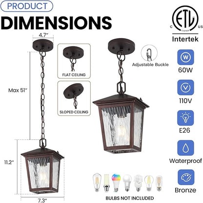 Outdoor Pendant Light, Brown Outdoor Porch Light fixtures with Anti-Rust, Coffee Exterior Hanging Lantern, Height Adjustable Outside Chandelier with Water Glass for House Patio Garage