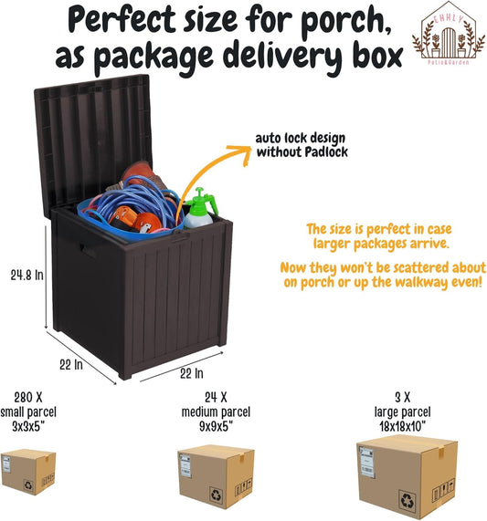 Deck Box, 51 Gallon Front Porch Package Bin Delivery Box for Outside, Small Patio Outdoor Storage Boxes Waterproof, UV Resistant Plastic Resin Pool Storage Bins with lids, Brown