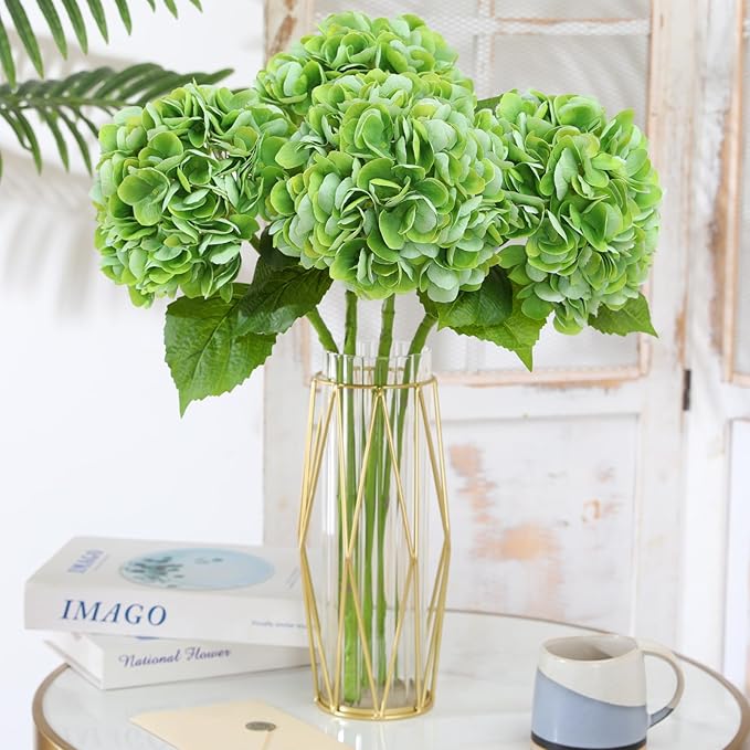 Nubry 22.44In Green Hydrangea Artificial Flowers,4Pcs Latex Faux Real Touch Large Hydrangea Flowers with Long Stems & Leaves for Home Office Decor Wedding Party Arrangements(Green)