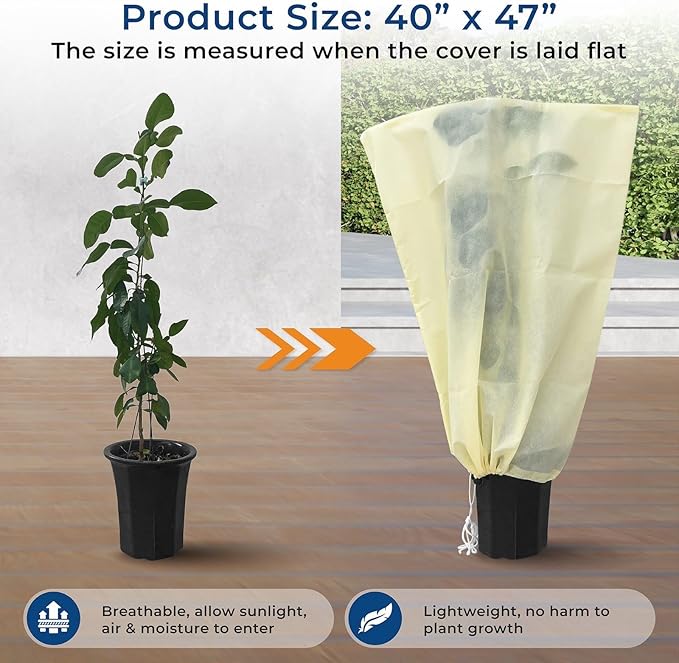 Plant Covers Freeze Protection, 2 Packs 40''W x 47''H Shrub Jackets with Zipper and Drawstring, Frost Cloth for Winter, Outdoor Plant Blankets for Cold Weather