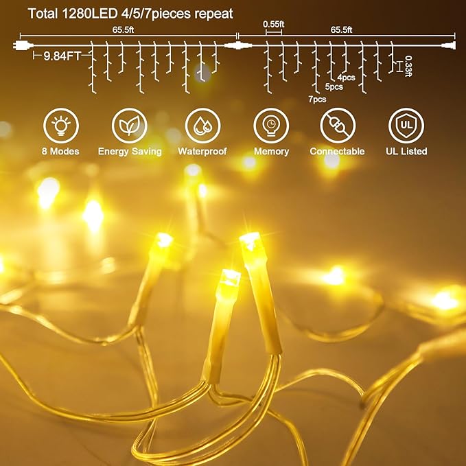 131 FT 1280 LED Christmas Lights Outdoor Decorations Super Long Clear Wire String Lights Plug in 240 Drops 8 Modes Memory Timer Curtain Fairy Lights Waterproof for Holiday Wedding Party-Warm White