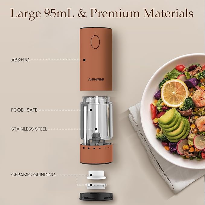 Electric Salt and Pepper Grinder Set Rechargeable with LED Lights, Automatic Pepper & Salt Mill, Adjustable Coarseness, Large Capacity, Brown