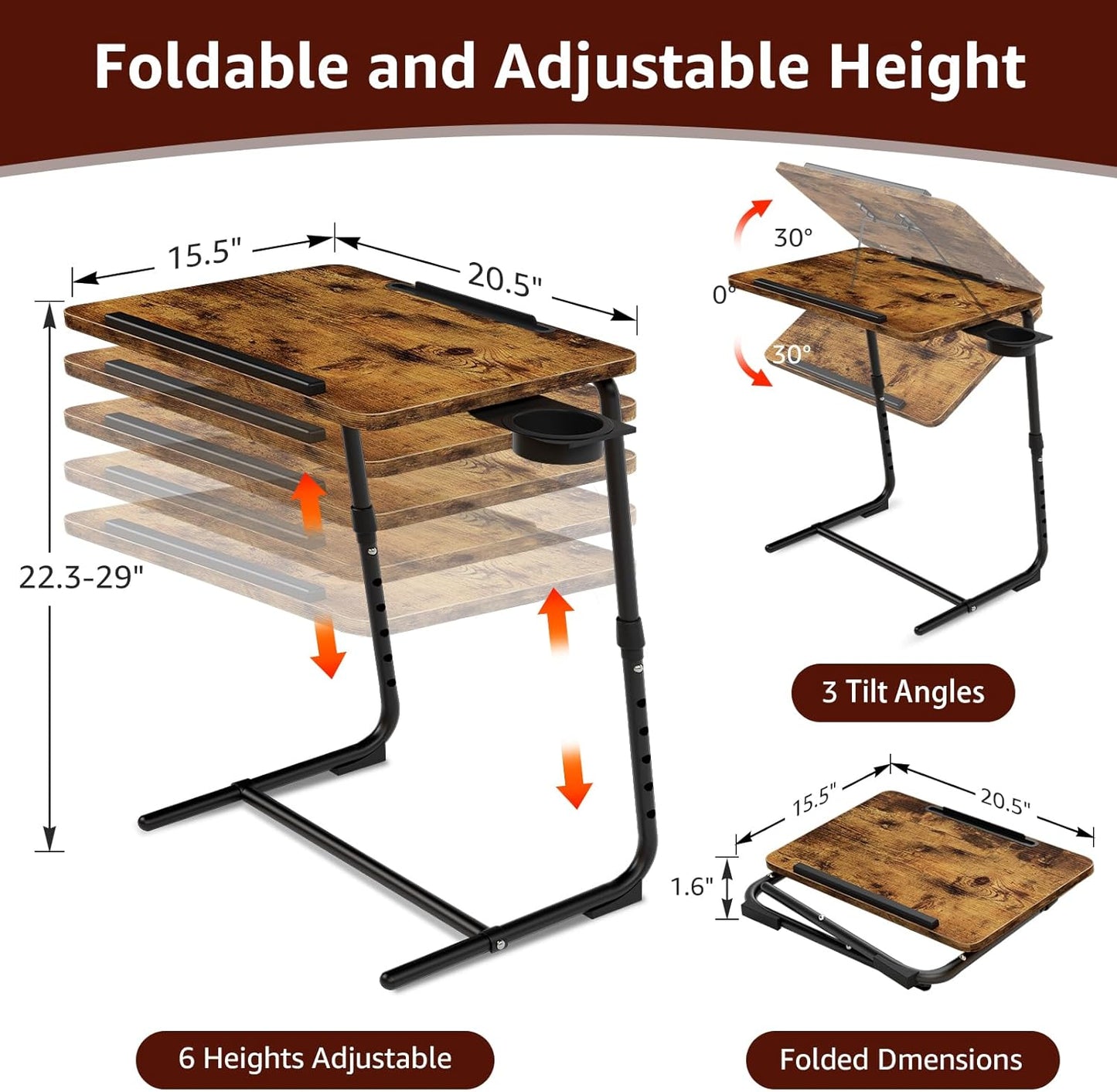 TV Trays Set of 2 - Folding TV Tray Adjustable Dinner Trays for Eating On Couch Wooden Tables Mate Stand Foldable Rustic Desk with Cup Holder Portable