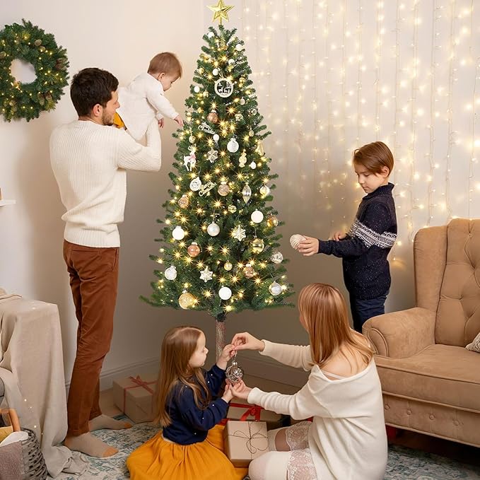 GarveeHome Pencil Christmas Tree 7.5 ft Pre-lit Alpine Slim Holiday Decoration, Lighted Skinny Décor LED Lights, Metal Stand, 7.5 ft Xmas Tree for Room, Bedroom, Apartment, Outdoor, Office, 7.5 Foot