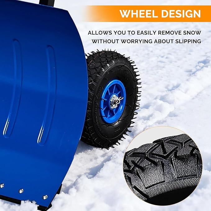 TUFFIOM Snow Pusher Shovel for Driveway with Wheels, 29"/39" Wide Heavy Duty Push Snow Plow Shovel, Wheeled Rolling Snow Shovels for Removal Adjustable Angle & Height Handle (Klein Blue(29 inch))