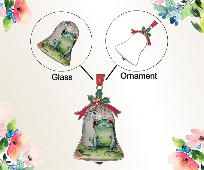 Christmas Ornament Bell Pendant Decorative Metal Glass Hanging Christmas Bell Ornaments for Home Decoration Party Decor (Cute Frog Flower)
