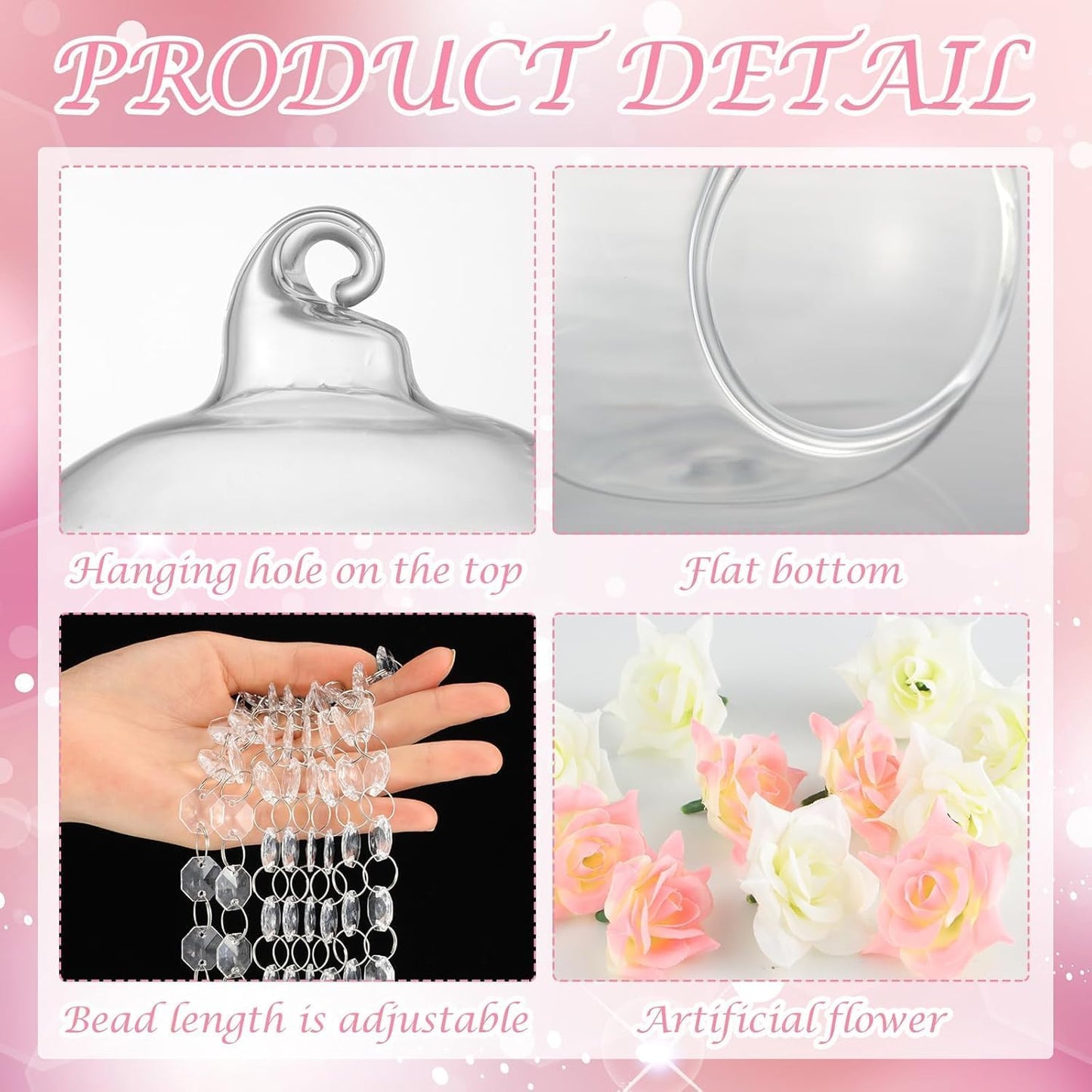 12 Sets Hanging Glass Candle Holder Wedding Glass Globe with Acrylic Gems Bead Garland Tea Light Holder Orbs Container for Flower Plants Micro Landscape DIY Xmas Tree Party Decoration 2.36 Inch