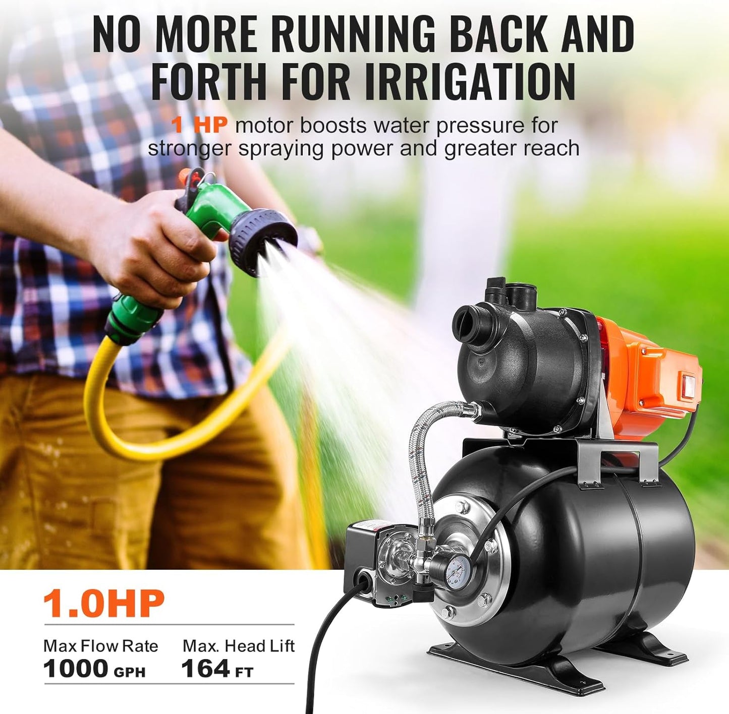 VEVOR 1 HP Shallow Well Pump with Pressure Tank, 1000 GPH/3700 L/H, Automatic Irrigation Water Booster Pump with 164 ft Lift 20/40 PSI Pressure Switch, Thermoplastic Pump Head for Home Garden Lawn