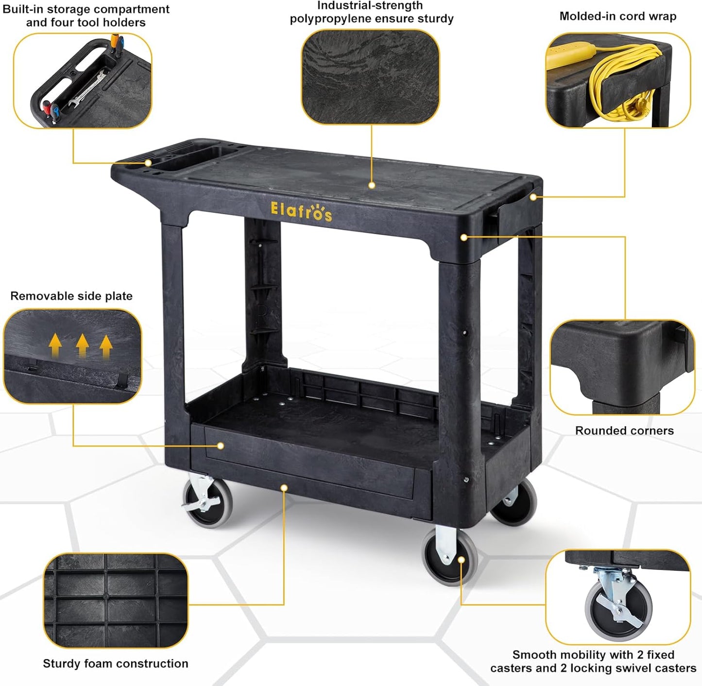 ELAFROS Heavy Duty Plastic Utility Cart Flat top 37 x 18.8 Inch - Work Cart Flat Shelves and 2 Fixed 2 Swivel Wheels Safely Holds up to 550 lbs - 2 Tier Service Cart for Warehouse,Garage, Black