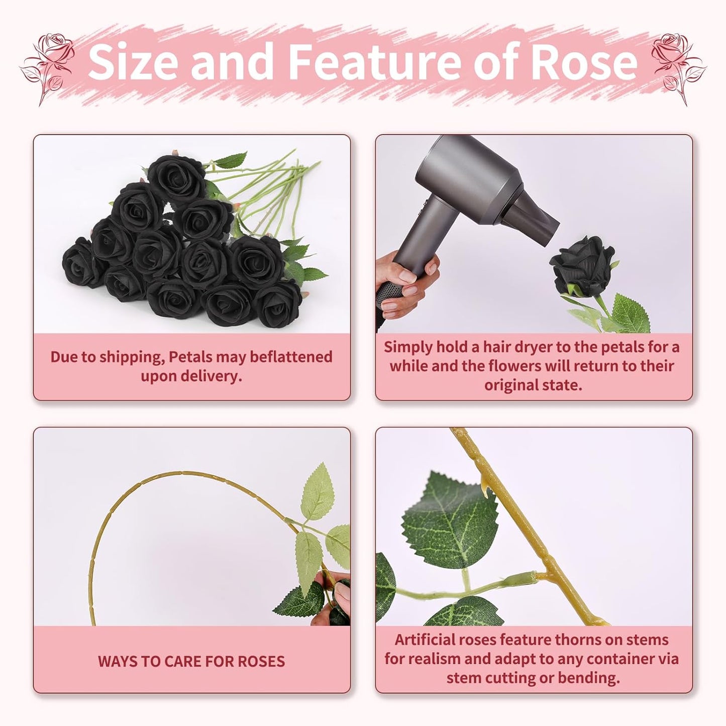 55 PCS Fake Roses Artificial Flowers Bulk, Black Roses Bridal Bouquet Silk Faux Rose with Stems for Wedding Flowers Decoration, Valentine's Day, Bridal Bouquet, Anniversary,Home Decor (55PCS, Black)