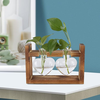 Plant Terrarium with Wooden Stand,Heart Shaped Transparent Glass Vase Flower Pot Hydroponics Plant Propagation Station for Hydroponics Plants Home Office Decor (Retro Box + 2