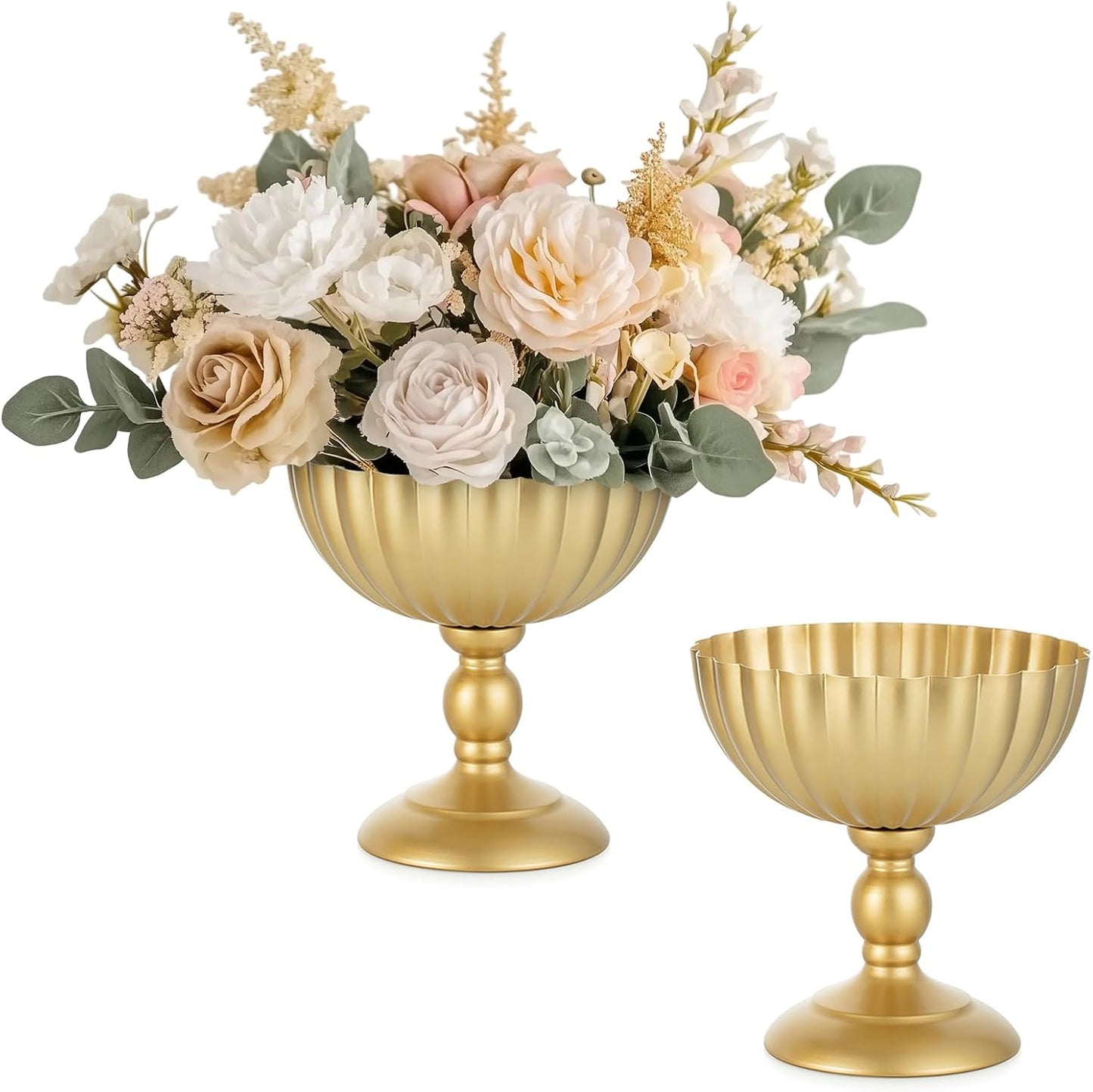 Sziqiqi Gold Urn Vase for Wedding: 7.9in Tall Vases Centrepieces for Table Decorations - Set of 2 Metal Flower Urn Vase for Floral Arrangement - Compote Bowl Vases for Birthday Party Anniversary
