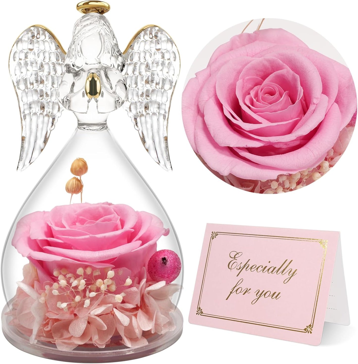 Yamonic Mom Birthday Gifts for Mom, Angel Figurines with Real Rose Gifts for Her Mom Grandma,Preserved Flowers Rose Angel Figurines for Mothers Day Christmas Anniversary Birthday Gifts for Her (Pink)