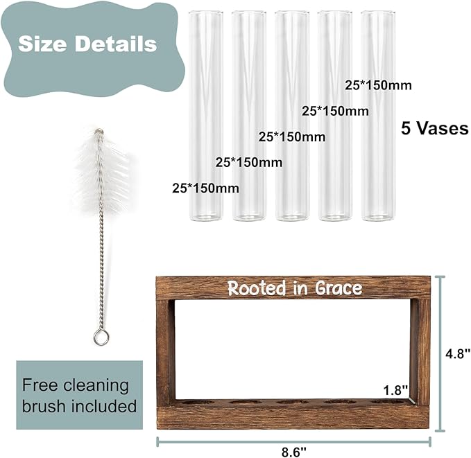 Rooted in Grace Plant Propagation Station – Wooden Stand with 5 Glass Vases, Faith-Inspired Christian Gift for Women, Indoor Plant Cutting Holder for Home, Office, Garden and Housewarming Décor
