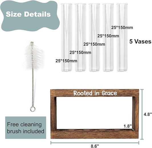 Rooted in Grace Plant Propagation Station – Wooden Stand with 5 Glass Vases, Faith-Inspired Christian Gift for Women, Indoor Plant Cutting Holder for Home, Office, Garden and Housewarming Décor