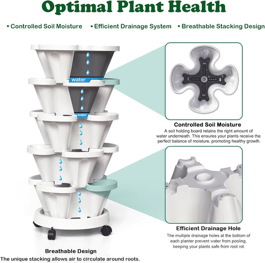 7 Tiered Strawberry Planters 2 Pack, Vertical Stackable Planter, Herb Stacking Tower Garden, Flower and Vegetable Planters with Support Pole Indoor and Outdoor with Removable Wheels - White
