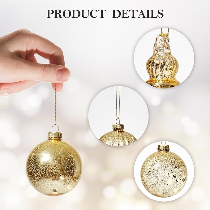 DN DECONATION Mercury Glass Christmas Ornaments, Vintage Teardrop & Ball Ornament, Decorative Hanging Finials Decor for Xmas Tree, Winter Wedding, Party, Holiday Home (10-Pieces, Champagne Gold)