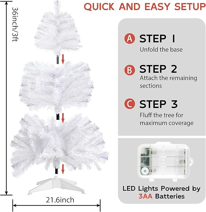 White 3ft Christmas Tree with Lights, Small 36inch Artificial Tree Mini Table Top Decorations, Xmas Desk Tree with 80 Colored Lights, 200 Branch, Holiday Decor for Home,Indoor Office Tabletop