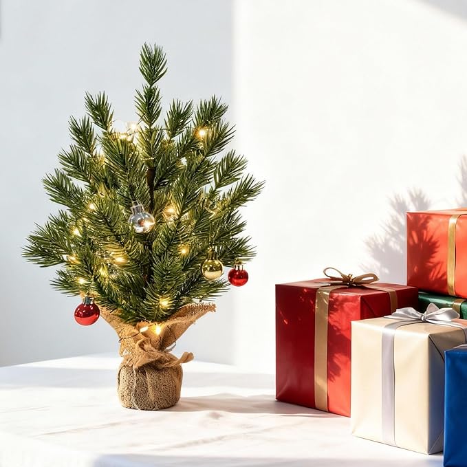 LACHARM 2 Pack 16 Inch Mini Christmas Tree, Tabletop Christmas Tree with Battery Operated Copper Lights and Hanging Ornaments, Small Xmas Tree for Home, Office, Kitchen Table Christmas Decoration