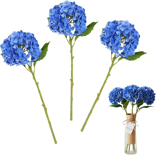 3 Pcs Blue Hydrangea Artificial Flowers, 19 inch Faux Hydrangeas Real Touch Flowers , Long Stem Artificial Flowers for Tall Vase Home Wedding Bouquets Centerpieces Party Living Room Decoration