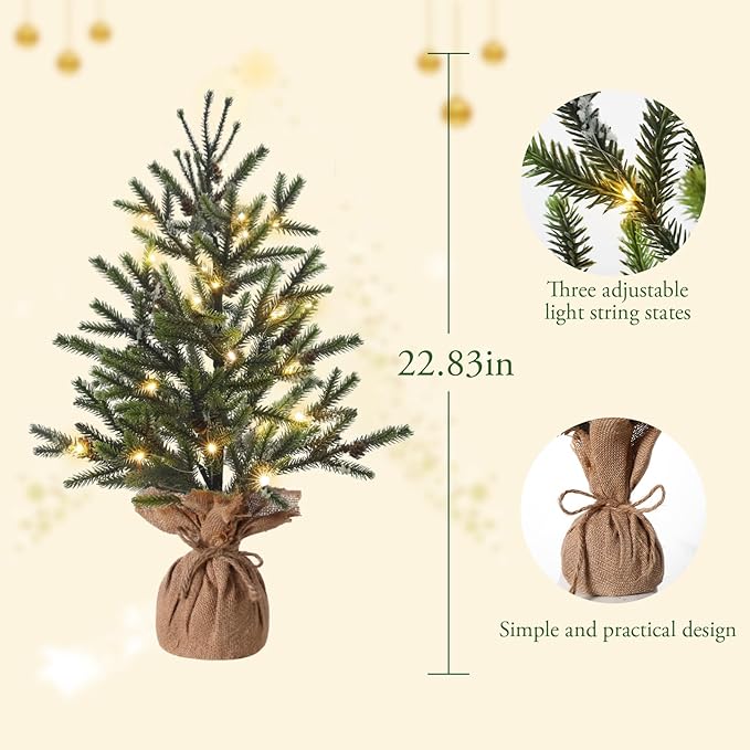 22" Mini Christmas Tree, Small Artificial Tabletop Snow Flocked Christmas Trees Decor with Lights, Outdoor Indoor Porch Table Centerpieces Xmas Christmas Decorations
